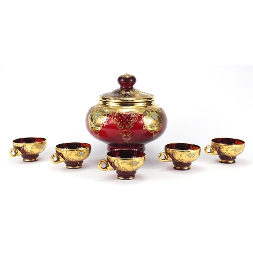 2242 - Venetian ruby glass punch bowl and cover with five glasses, each gilded and hand painted with flower... 