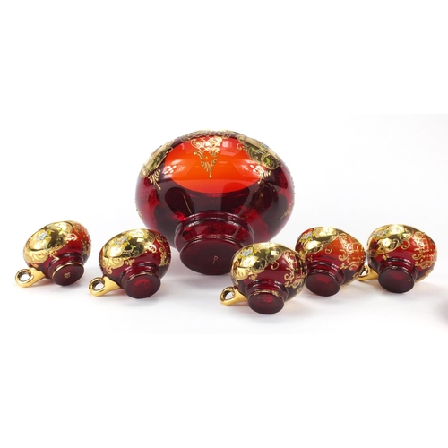 2242 - Venetian ruby glass punch bowl and cover with five glasses, each gilded and hand painted with flower... 