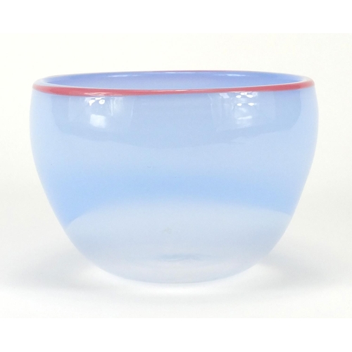 2367 - Blue and clear art glass bowl with enamelled decoration, etched Oriana Evans to the base, 14.5cm in ... 