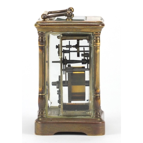 2154 - Mappin & Webb brass cased carriage clock, with architectural columns and leather travelling case, th... 