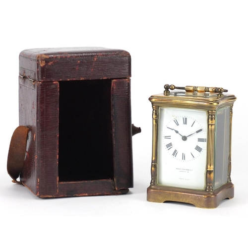 2154 - Mappin & Webb brass cased carriage clock, with architectural columns and leather travelling case, th... 