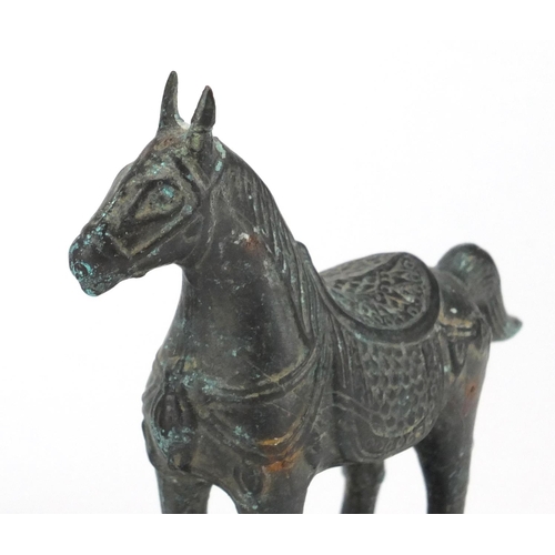 2372 - Chinese archaic style model of a horse and a similar four footed vessel, the largest 13cm high