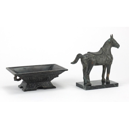 2372 - Chinese archaic style model of a horse and a similar four footed vessel, the largest 13cm high