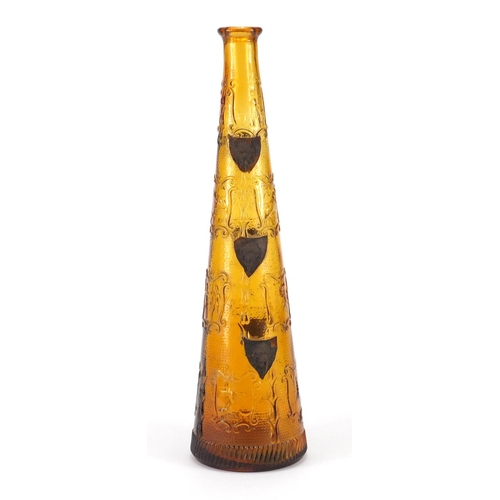 2263 - Italian amber glass vase with tapering body, decorated with figures and fish, 39cm high