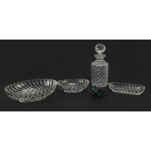 2374 - Glassware including Baccarat dishes and a green Baccarat duck, the largest 16cm high