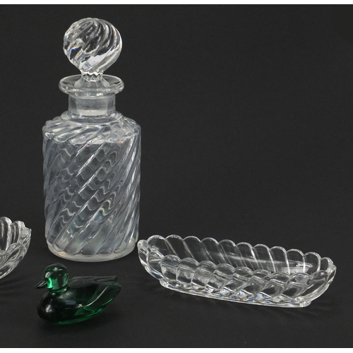 2374 - Glassware including Baccarat dishes and a green Baccarat duck, the largest 16cm high