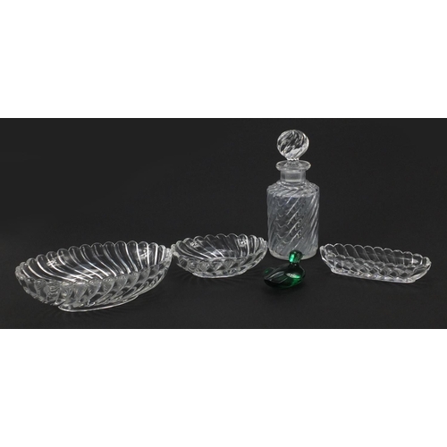 2374 - Glassware including Baccarat dishes and a green Baccarat duck, the largest 16cm high