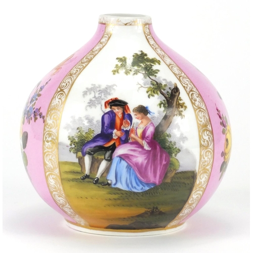 2370 - Augustus Rex porcelain vase, hand painted with panels of figures and flowers, 15.5cm high