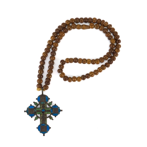 57 - 19th century enamelled metal crucifix on rosary bead necklace, possibly Russian, 64cm in length