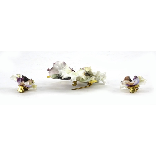 2547 - Royal Crown Derby hand painted porcelain floral brooch and matching earrings, with box, the brooch 6... 