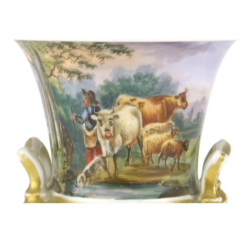 445 - 19th century campana urn vase with twin handles, hand painted with a farmer and cattle, 17.5cm high