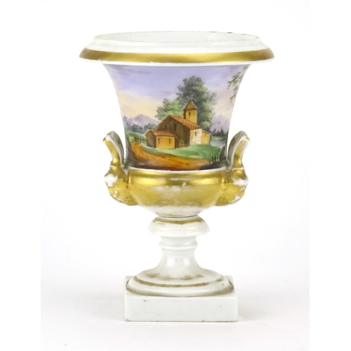 445 - 19th century campana urn vase with twin handles, hand painted with a farmer and cattle, 17.5cm high