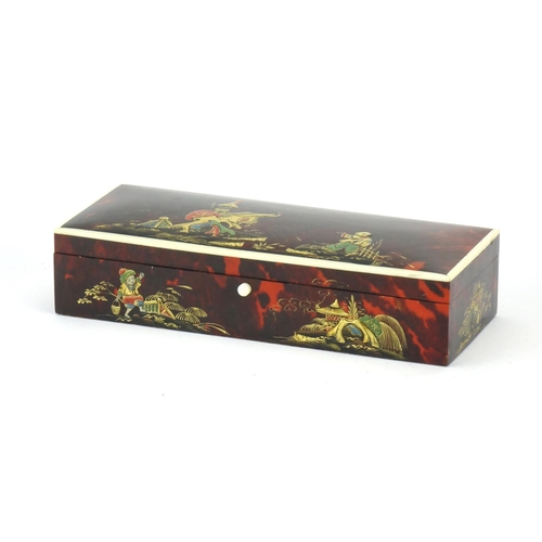 343 - Rectangular red tortoiseshell and ivory banded glove box, lacquered in the Chinese chinoiserie manne... 