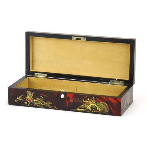 343 - Rectangular red tortoiseshell and ivory banded glove box, lacquered in the Chinese chinoiserie manne... 