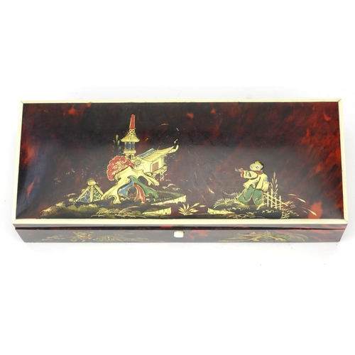 343 - Rectangular red tortoiseshell and ivory banded glove box, lacquered in the Chinese chinoiserie manne... 