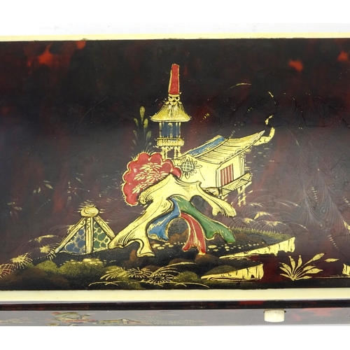 343 - Rectangular red tortoiseshell and ivory banded glove box, lacquered in the Chinese chinoiserie manne... 