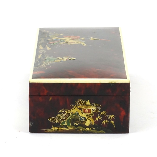 343 - Rectangular red tortoiseshell and ivory banded glove box, lacquered in the Chinese chinoiserie manne... 