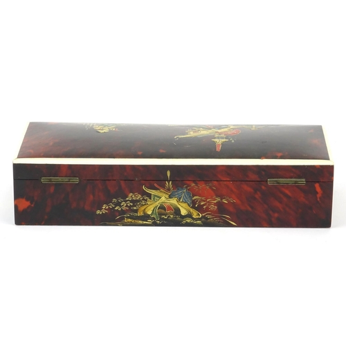 343 - Rectangular red tortoiseshell and ivory banded glove box, lacquered in the Chinese chinoiserie manne... 