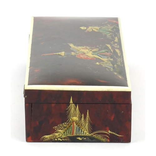 343 - Rectangular red tortoiseshell and ivory banded glove box, lacquered in the Chinese chinoiserie manne... 