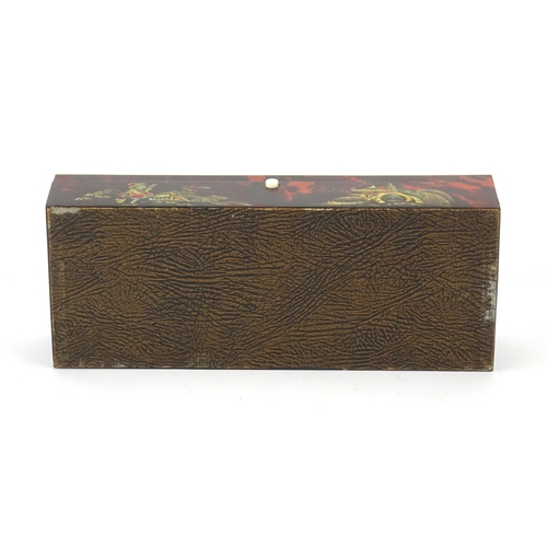 343 - Rectangular red tortoiseshell and ivory banded glove box, lacquered in the Chinese chinoiserie manne... 