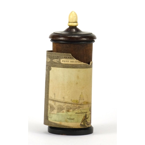 72 - 19th century French cylindrical treen hand coloured diorama, with ivory finial, 14cm high