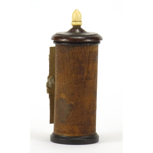 72 - 19th century French cylindrical treen hand coloured diorama, with ivory finial, 14cm high