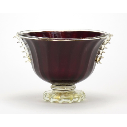466 - Murano ruby pedestal glass bowl with twin handle and gold flecking, 12cm high