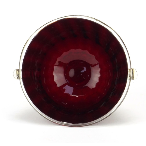 466 - Murano ruby pedestal glass bowl with twin handle and gold flecking, 12cm high