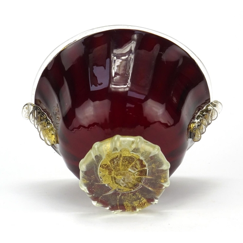 466 - Murano ruby pedestal glass bowl with twin handle and gold flecking, 12cm high