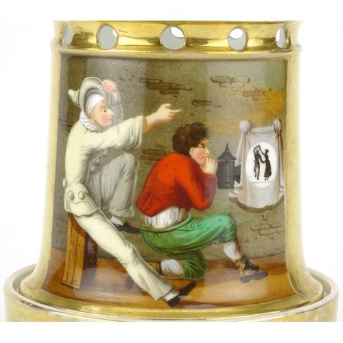 444 - 19th century Continental porcelain night light, hand painted with comical magic lantern scenes, 15cm... 