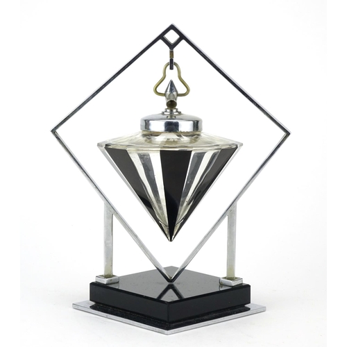 483 - Art Deco black and clear glass atomiser on a chrome and black glass hanging stand, 22cm high