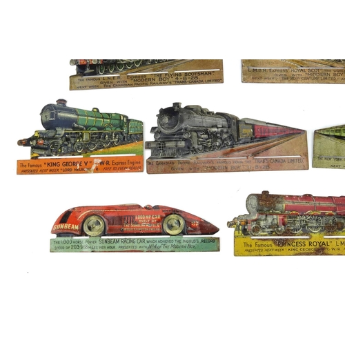66 - Group of vintage tin train and aviation markers, each approximately 13.5cm wide