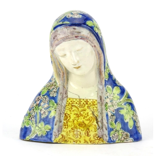 426 - Italian Majolica pottery bust of Madonna by Angelo Minghetti, hand painted with stylised flowers, pa... 