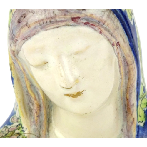 426 - Italian Majolica pottery bust of Madonna by Angelo Minghetti, hand painted with stylised flowers, pa... 