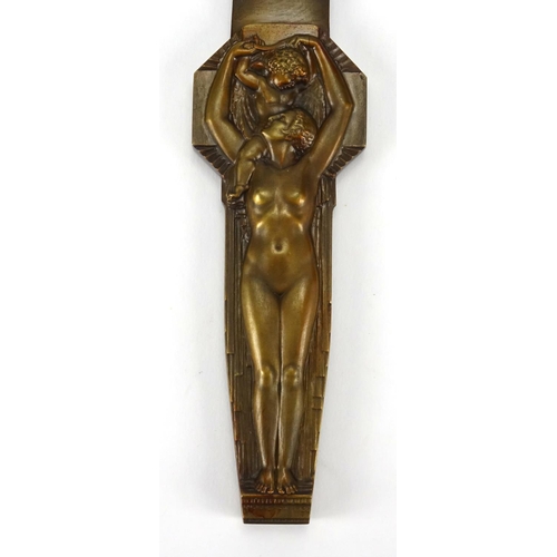 559 - Art Deco patinated bronze letter opener by Lucien Bazor, the handle finely cast with a nude mother a... 