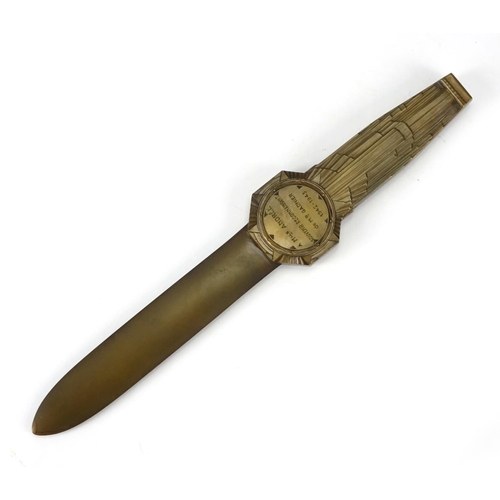 559 - Art Deco patinated bronze letter opener by Lucien Bazor, the handle finely cast with a nude mother a... 