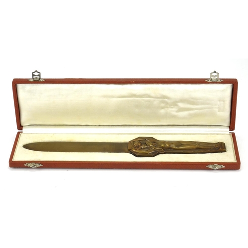 559 - Art Deco patinated bronze letter opener by Lucien Bazor, the handle finely cast with a nude mother a... 