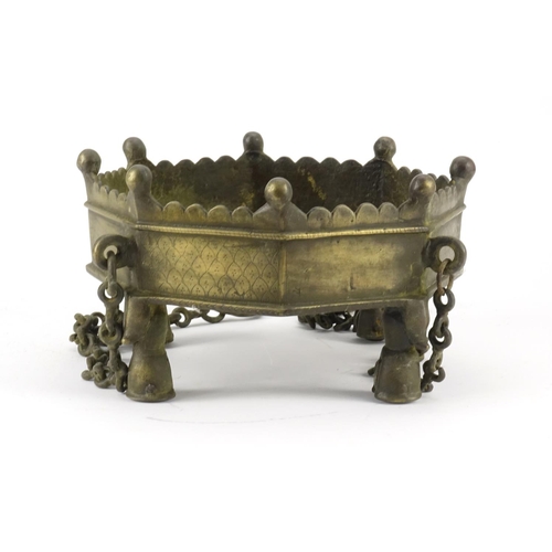 391 - African bronze hanging octagonal incense burner, 14cm high x 22cm in diameter