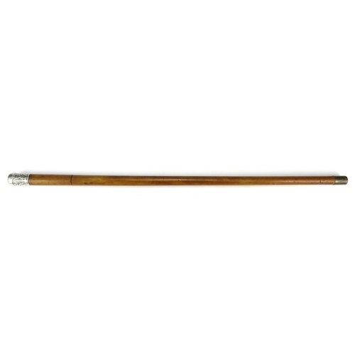 111 - Malacca short sword stick, with unmarked Chinese silver pommel embossed with character marks, 87cm i... 