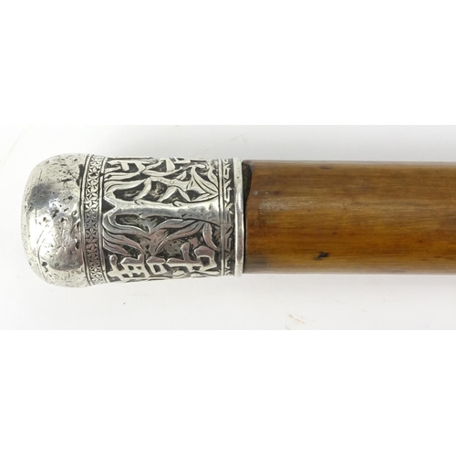 111 - Malacca short sword stick, with unmarked Chinese silver pommel embossed with character marks, 87cm i... 