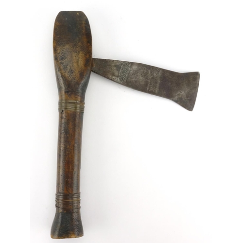 374 - Tribal wooden axe, possibly from Congo, the steel blade with incised decoration, 34cm in length