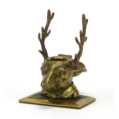 18 - Novelty Victorian bronze deer design inkwell wearing a jockeys cap, 11cm high