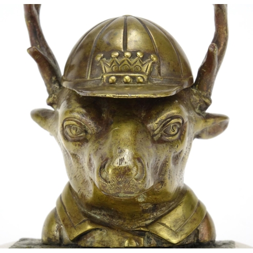 18 - Novelty Victorian bronze deer design inkwell wearing a jockeys cap, 11cm high
