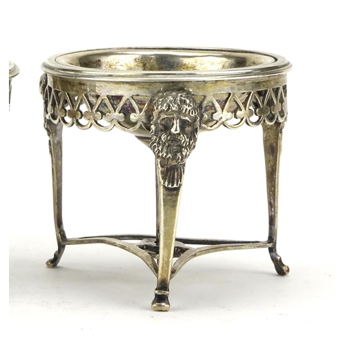 586 - Pair of antique silver three footed open salts with mask  decoration, indistinct impressed marks to ... 