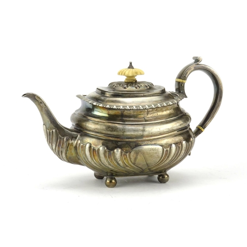 609 - Georgian silver demi fluted teapot with ivory knop and banded handle, by William Knight, London 1829... 
