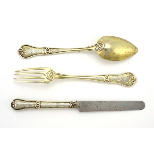625 - French silver three piece Christening knife, fork and spoon set, each with impressed marks, the larg... 