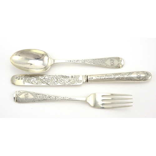 631 - Victorian silver three piece knife, fork and spoon Christening set, by Josiah Williams & Co, London ... 