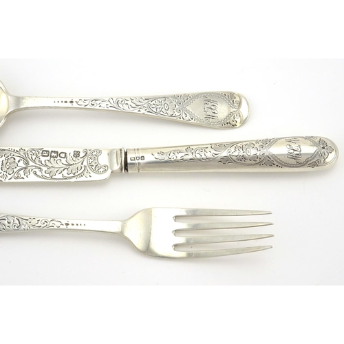 631 - Victorian silver three piece knife, fork and spoon Christening set, by Josiah Williams & Co, London ... 