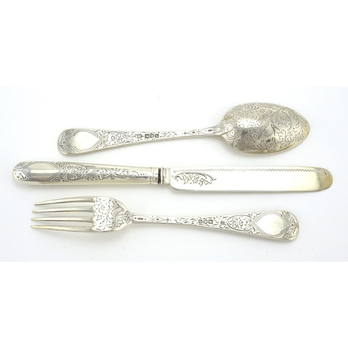 631 - Victorian silver three piece knife, fork and spoon Christening set, by Josiah Williams & Co, London ... 