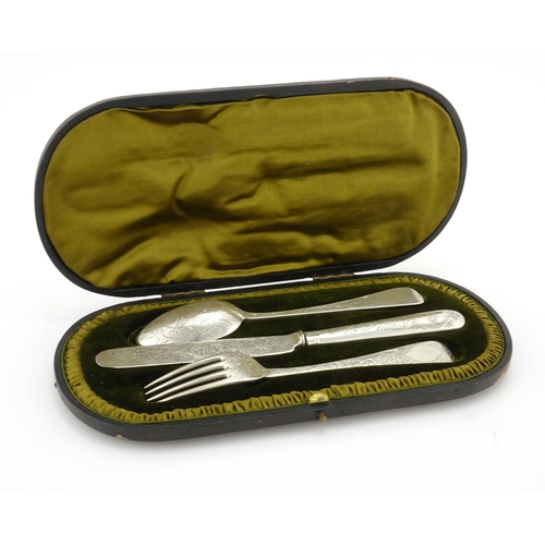 631 - Victorian silver three piece knife, fork and spoon Christening set, by Josiah Williams & Co, London ... 